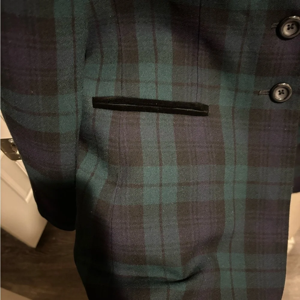 Vintage Le Suit Women's Navy and Green Tartan Blazer Size 10 - Picture 4 of 5